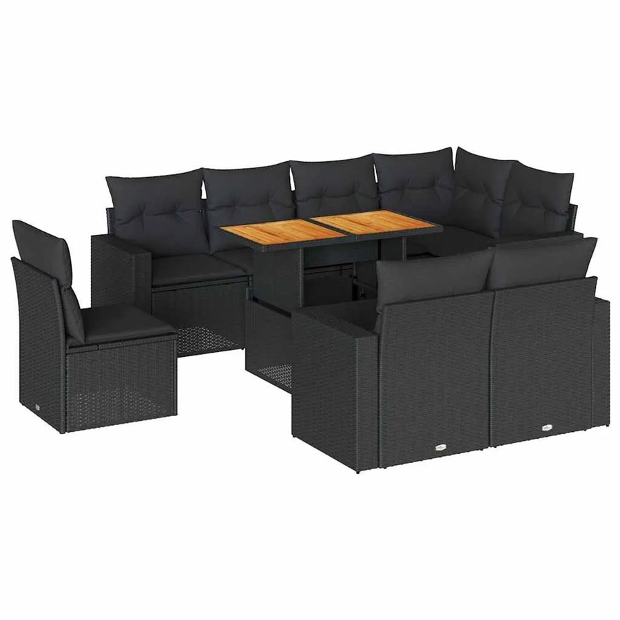 vidaXL 9-teilige Garten-Sofagarnitur aus Poly-Rattan und Akazienholz in Schwarz mit Kissen - Bild 2