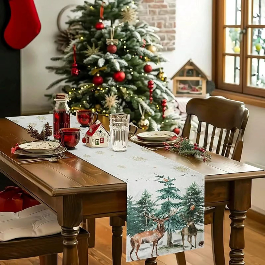 JIT 1 Weihnachts-Tischläufer aus Polyester mit Hirsch- und Kiefernwald-Motiv in Mehrfarben, rustikale Esstisch-Dekoration - Bild 2
