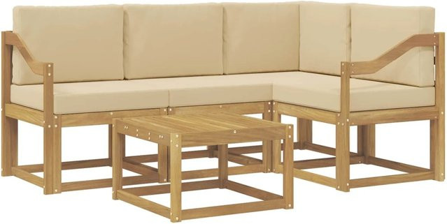 vidaXL Outdoor-Sofagarnitur in L-Form aus Akazienholz mit Kissen und Couchtisch, Weiß und Beige - Bild 1