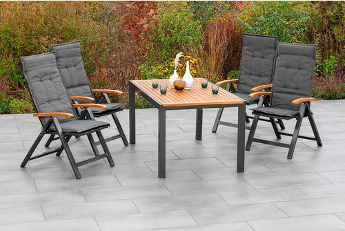 Gartenmöbelset MERXX Tilos für 4 Sitzplätze aus Aluminium und Akazienholz mit Auflagen in Grau - Bild 1