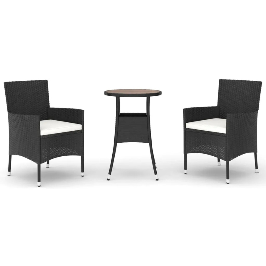 vidaXL 3-teiliges Garten-Bistro-Set aus Poly Rattan und Akazienholz in Schwarz-Creme mit Kissen - Bild 2