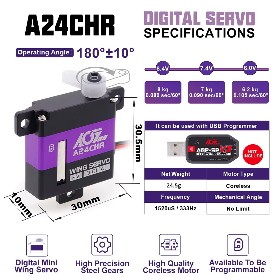 AGFRC A24CHR Servo für RC-Flugzeuge, programmierbar, Schwarz - Bild 3