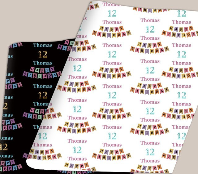 Personalisierbares Happy Birthday Geschenkpapier von joy-enlife in Schwarz-Weiß für deine Geburtstagsparty - Bild 1