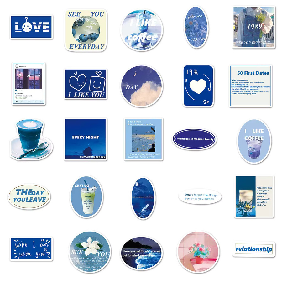 50 Stück blaue Tagebuchaufkleber im INS-Stil von AufnahmeYourLife Store, wasserfeste literarische englische Collage-Dekoration aus Papier - Bild 3