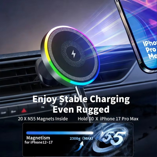VIKEFON MagSafe Auto-Magnet-Handyhalterung mit RGB-Licht und kabellosem Schnellladegerät für Lüftungsschlitze, Schwarz, Multicolour - Bild 1