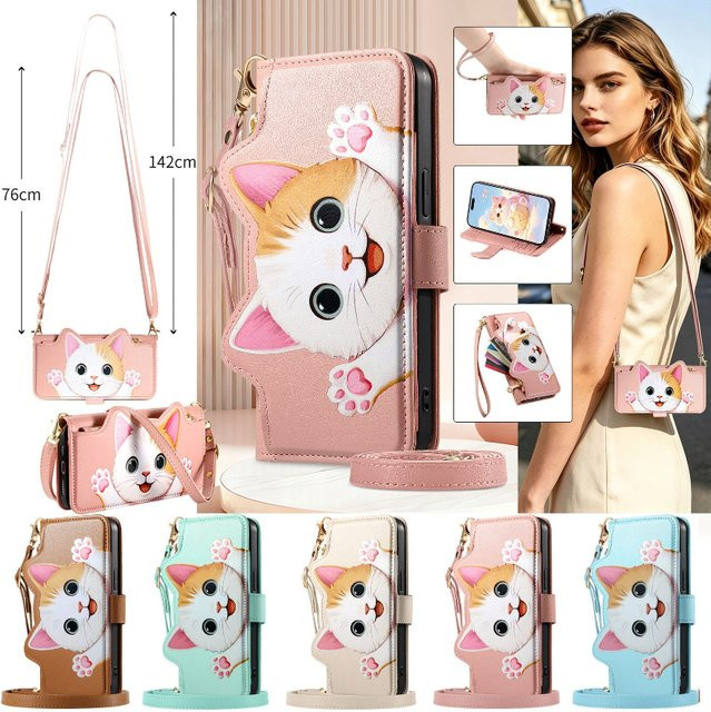 Niedrige Katzen-Lederhülle mit Kartenhalter als Crossbody Wallet für Samsung Galaxy S27 S26 S25 S24 S23 Plus Ultra FE Edge in Blau - Bild 1
