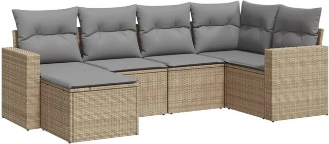 vidaXL 6-tlg Garten-Sofagarnitur in L-Form aus Poly-Rattan mit Kissen in Beige - Bild 1