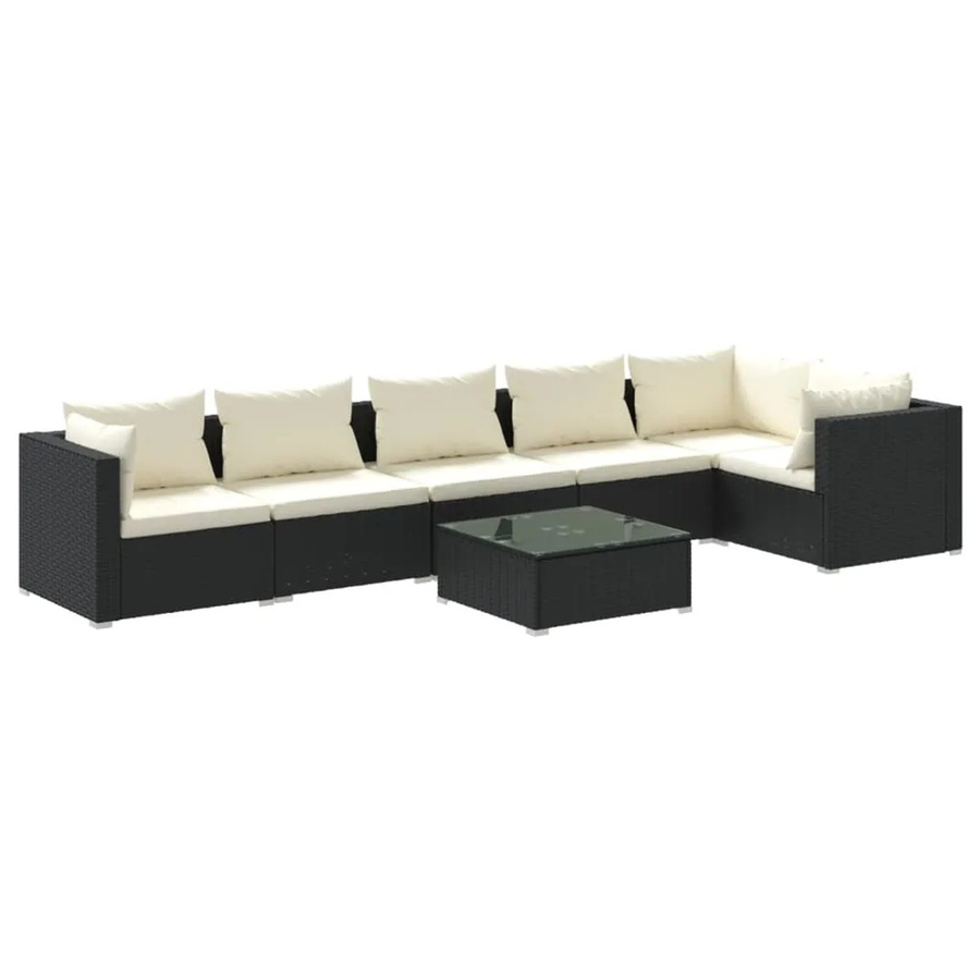 vidaXL 7-tlg. Garten-Lounge-Set aus Poly Rattan in Schwarz mit beigen Kissen und Couchtisch in U-Form - Bild 2