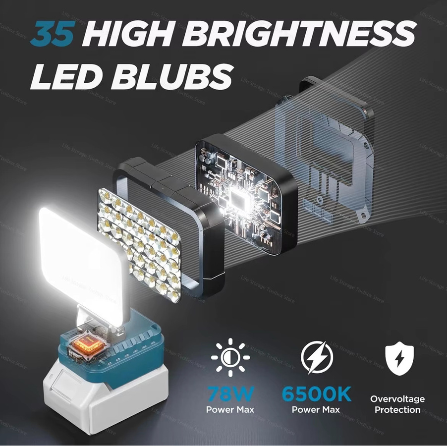 Makita LED Arbeitsleuchte und tragbare Laterne mit USB-Taschenlampe für 18V 21V Li-Ionen-Akkus, Schwarz - Bild 3
