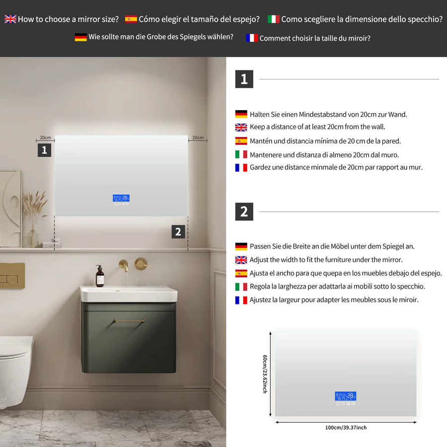 LED Badspiegel mit Beleuchtung und Touch-Schalter, Rechteckiger Wandspiegel für das Badezimmer, 3 einstellbare Lichtfarben, B/H: 100 x 60 cm - Bild 3