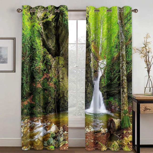 Yiran Furniture Vorhänge mit 3D Tropischer Wald Naturlandschaft Digitaldruck, 2 Paneele, Grün, Polyester, semi-transparent, B: 50 cm x H: 60 cm pro Paneel - Bild 1