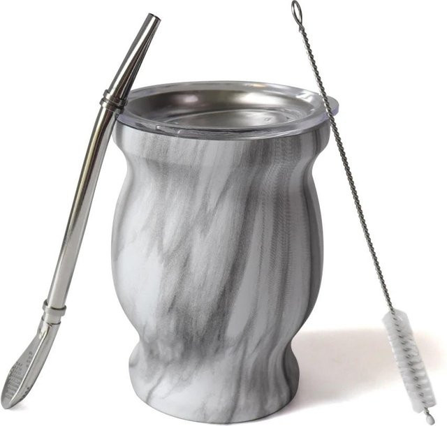 Yerba Mate Tassen-Set von Yiran Furniture aus Edelstahl in Marmor-Optik, 230 ml, inklusive Strohhalm, Reinigungsbürste und Verbrühungsschutz - Bild 1