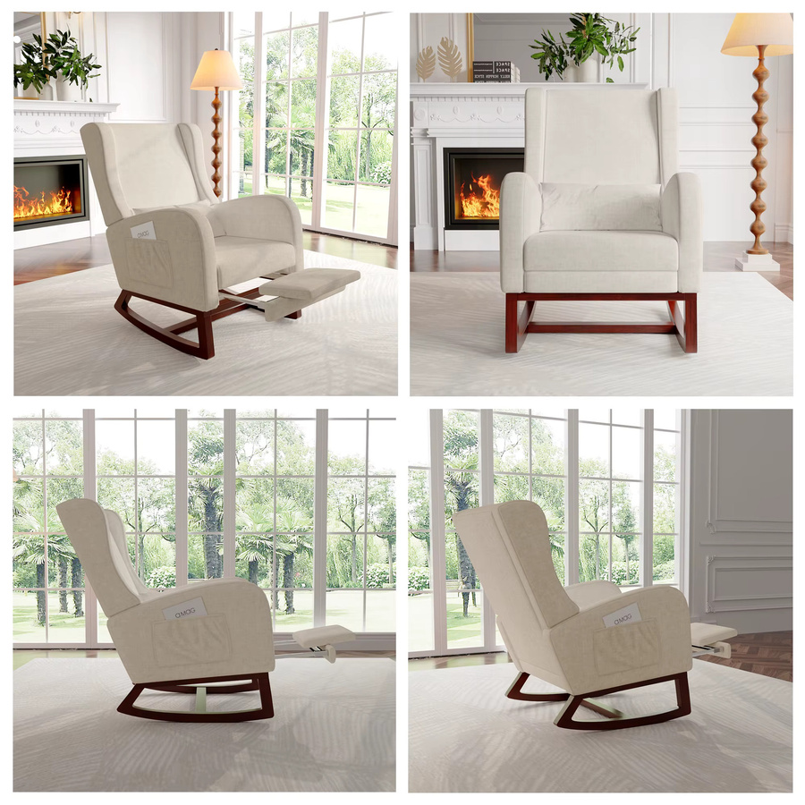 Anajqaqia Schaukelstuhl Relaxsessel mit Fußstütze aus Samtstoff in Beige - Bild 2