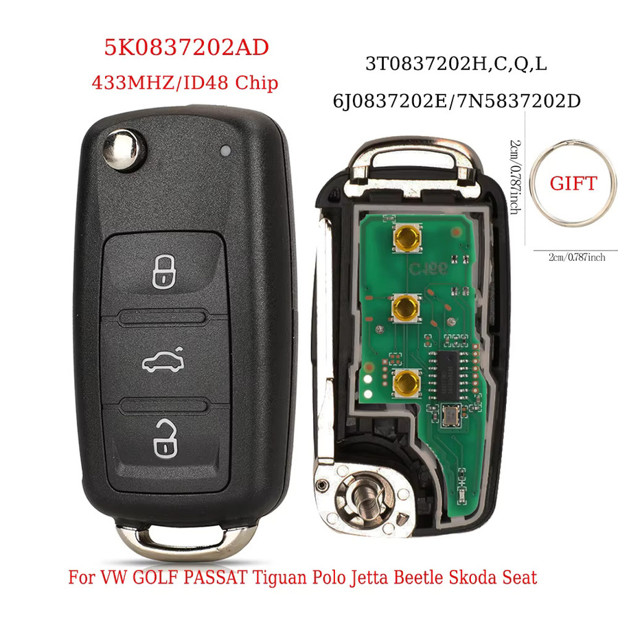 jingyuqin Fernbedienung Klappschlüssel 434 MHz ID48 Chip für VW Volkswagen Golf Passat Tiguan Polo Jetta Beetle und Skoda Seat in Schwarz - Bild 5