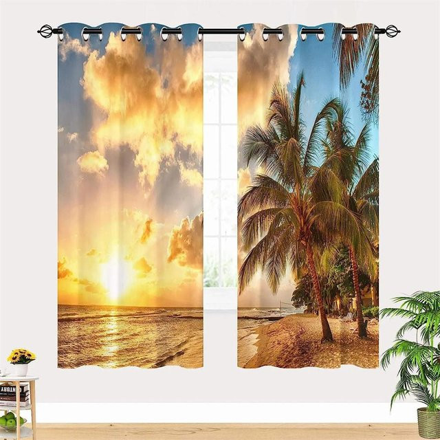 2er-Set Fenstervorhang mit Naturmotiv und Seestern-Design, halbtransparent, Polyester, B: 65 cm, H: 60 cm - Bild 1