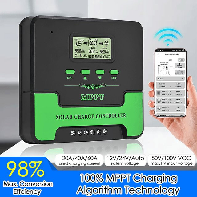 Dreamburgh WiFi MPPT Solarladeregler mit LCD-Display und Dual USB für 12V 24V Systeme in Schwarz und Grün - Bild 1