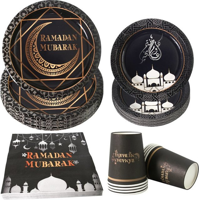 Huiran Ramadan Mubarak Einweggeschirr Set aus Kunststoff in Schwarz mit Tellern und Tassen für deine islamische Party-Dekoration - Bild 1
