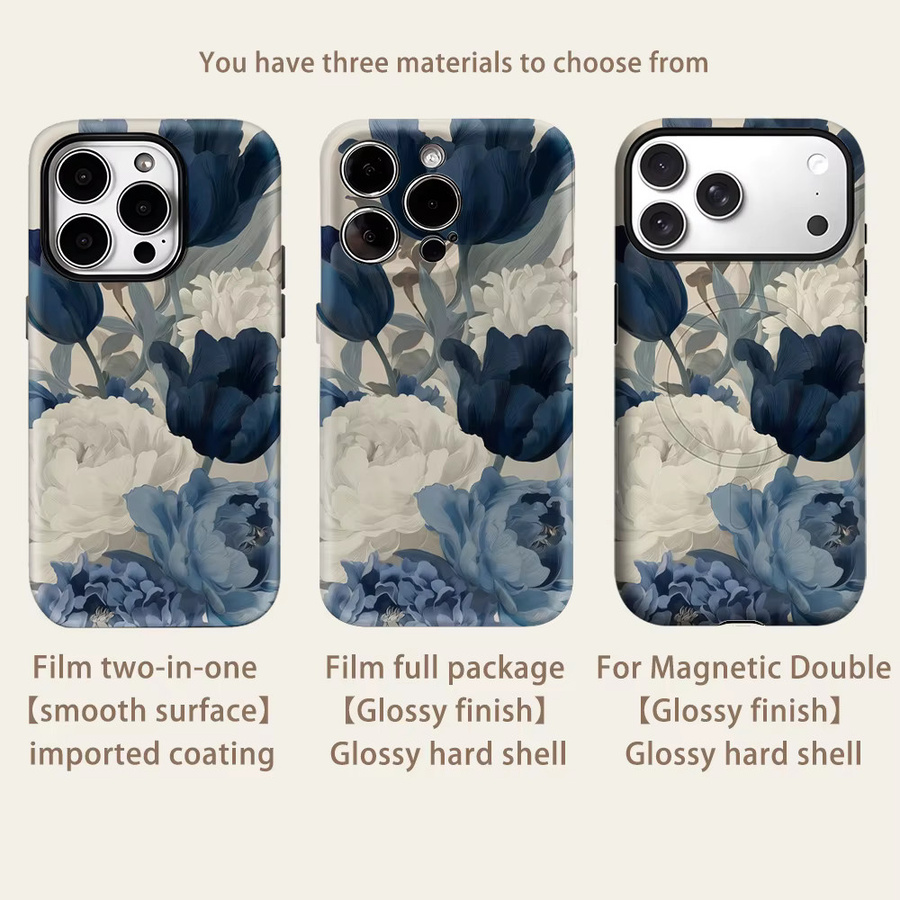 Potdemiel Robuste Handyhülle mit Marineblauen und Weißen Pfingstrosen für iPhone 17 16 15 14 13 Pro Max Plus mit Magnetfunktion - Bild 2