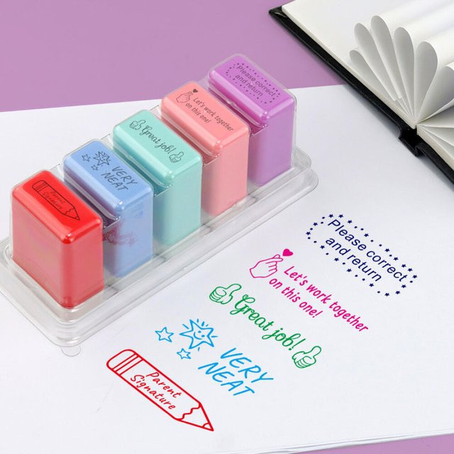 Selbstfärbender 5-Lehrer-Stempel in Bunt für motivierende Kommentare und Hausaufgabenbewertungen in Schule und Büro - Bild 1