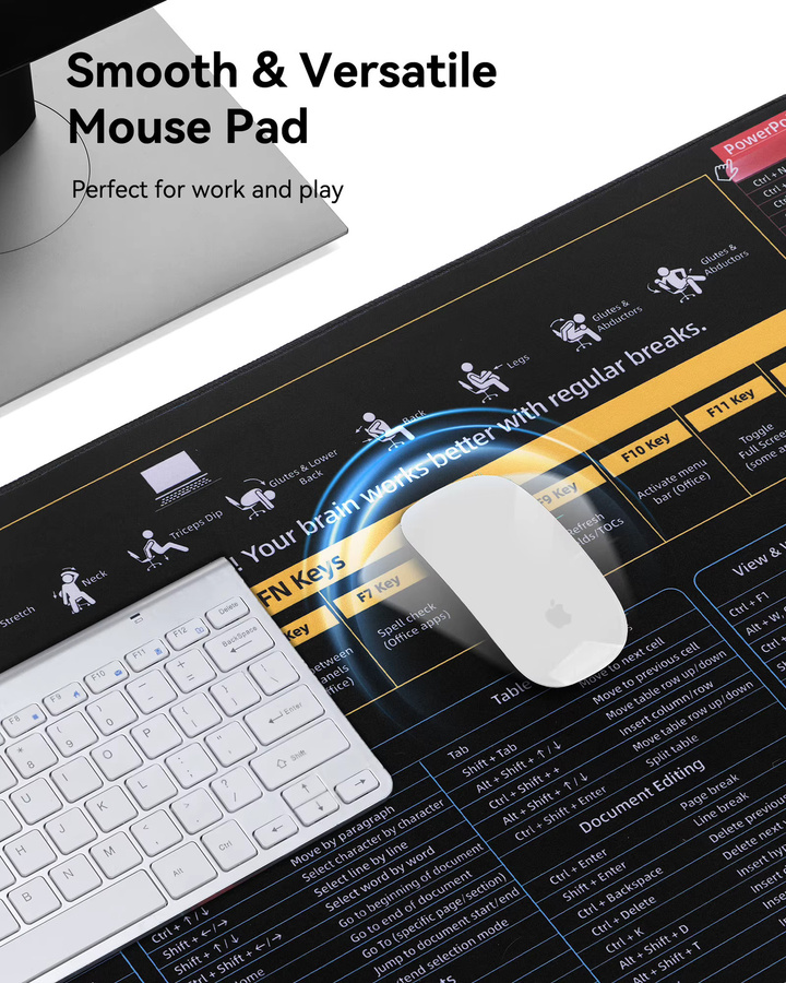 YSAGi Office Shortcut Mauspad XL in Schwarz als Schreibtischunterlage für Gaming und Office mit Gummibasis und genähtem Rand - Bild 2