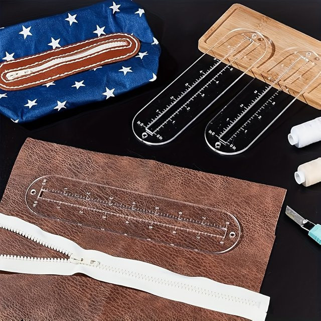 3-teiliges Set transparente Acryl-Reißverschluss-Schablonen und Patchwork-Lineale als Nähwerkzeug für Leder-Taschen und DIY-Projekte - Bild 1