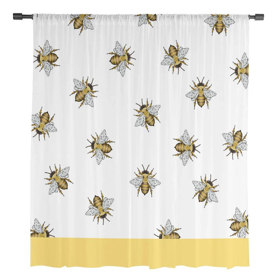 Yiran Furniture Transparentes Tüll Vorhang Biene Insekt in Gelb, Organza Voile Dekoration für Wohnzimmer und Küche, B: 135 cm, H: 115 cm - Bild 2