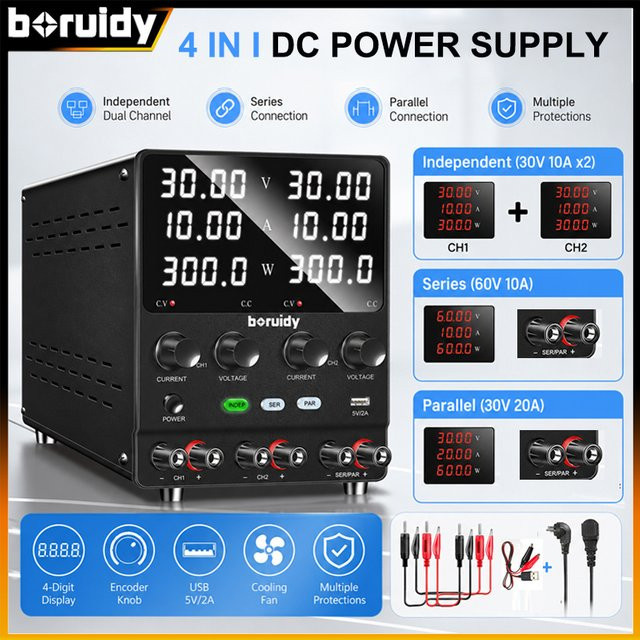 Boruidy SPS3010-2KD Mehrkanaliges Bipolares DC-Gleichstromnetzteil in Schwarz, 30V 10A mit unabhängigen Doppelausgängen, seriell/parallel schaltbar, Labornetzteil für F&E und Alterungstests - Bild 1