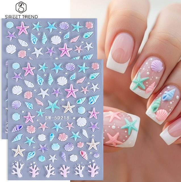SWEET TREND Nagelsticker, 2 Stück, 5D Geprägte Seestern-Muschel-Korallen, Glänzend - Bild 1
