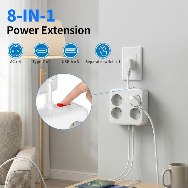CILIA Power Adapter mit 4 AC-Anschlüssen, 3 USB-A und 1 USB-C in Weiß - Bild 1