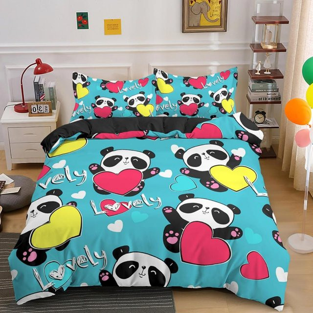 Binchi Outdoor Product Cartoon Panda Bettwäsche-Set mit 3D-Druck für Kinder, Blau, B/H: 135 x 200 cm - Bild 1