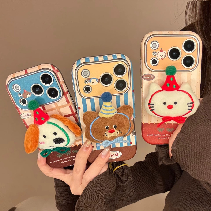 MUQGEW Stoßfeste iPhone Handyhülle mit Koreanischem Cartoon 3D Plüsch-Tierdesign und Ledertextur in Multicolour - Bild 3