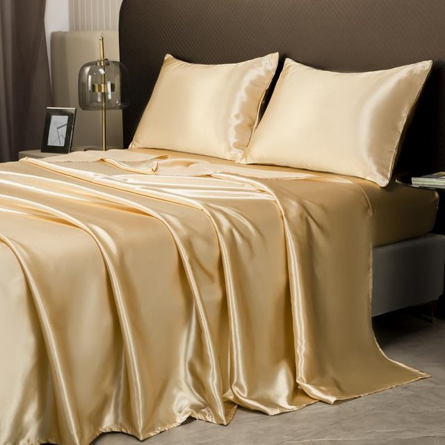 Bin Chi Textiles Luxus Satin Bettwäscheset in Champagner, 3-teilig mit Bettlaken, Spannbettlaken und Kissenbezügen - Bild 1