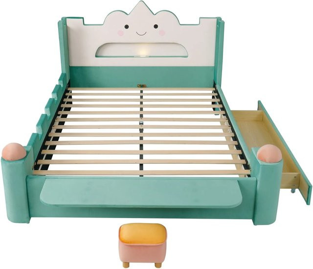 Merax Wolkenbett Kinderbett mit Polsterung, LED-Unterbettbeleuchtung, integrierter Leselampe und USB-Anschluss, Blaugrün, B/T/H: 140 x 200 x 65 cm - Bild 1