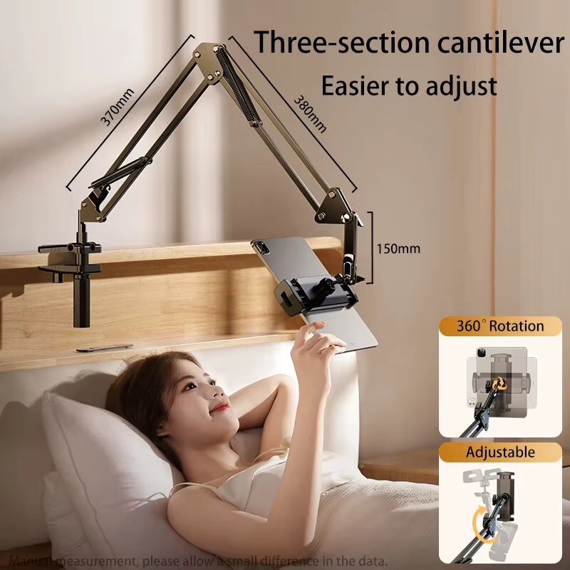 Drehbarer Tablet-Ständer aus Metall mit langem Arm für iPad Pro, Air, Xiaomi, iPhone, Huawei und Samsung, 4 bis 12,9 Zoll, Schwarz - Bild 2