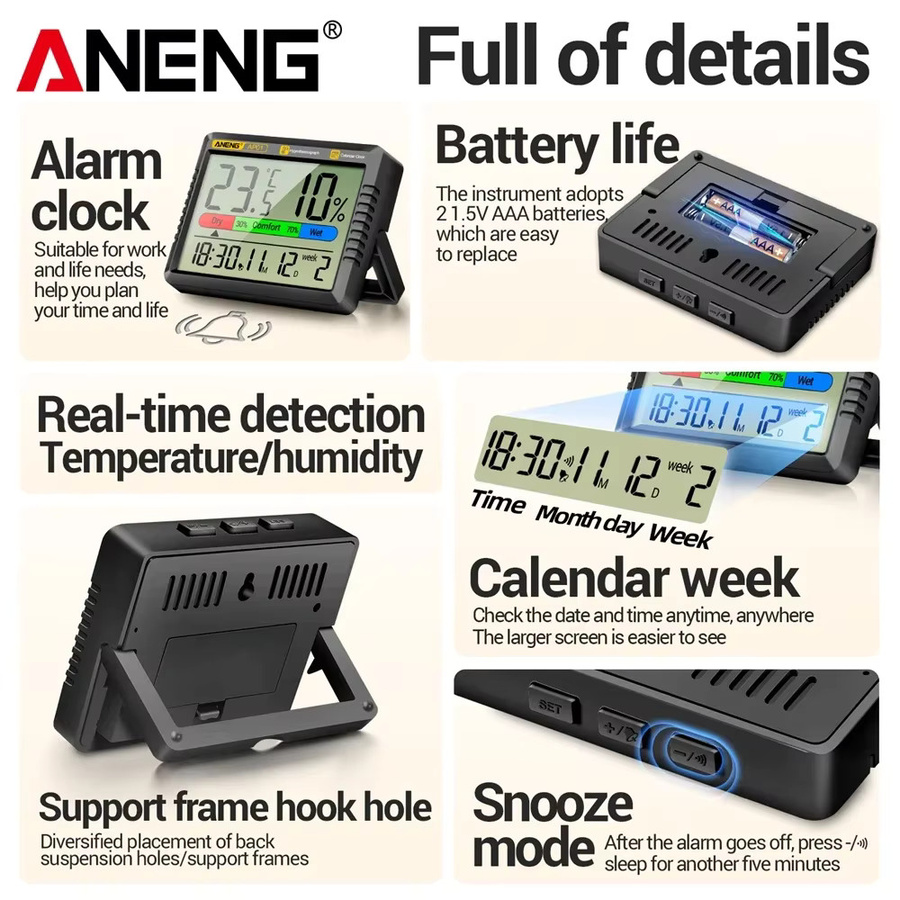 ANENG AP01 LCD Digital-Thermometer Hygrometer mit Wecker und Wetterstation für dein Zuhause in Schwarz oder Weiß - Bild 3