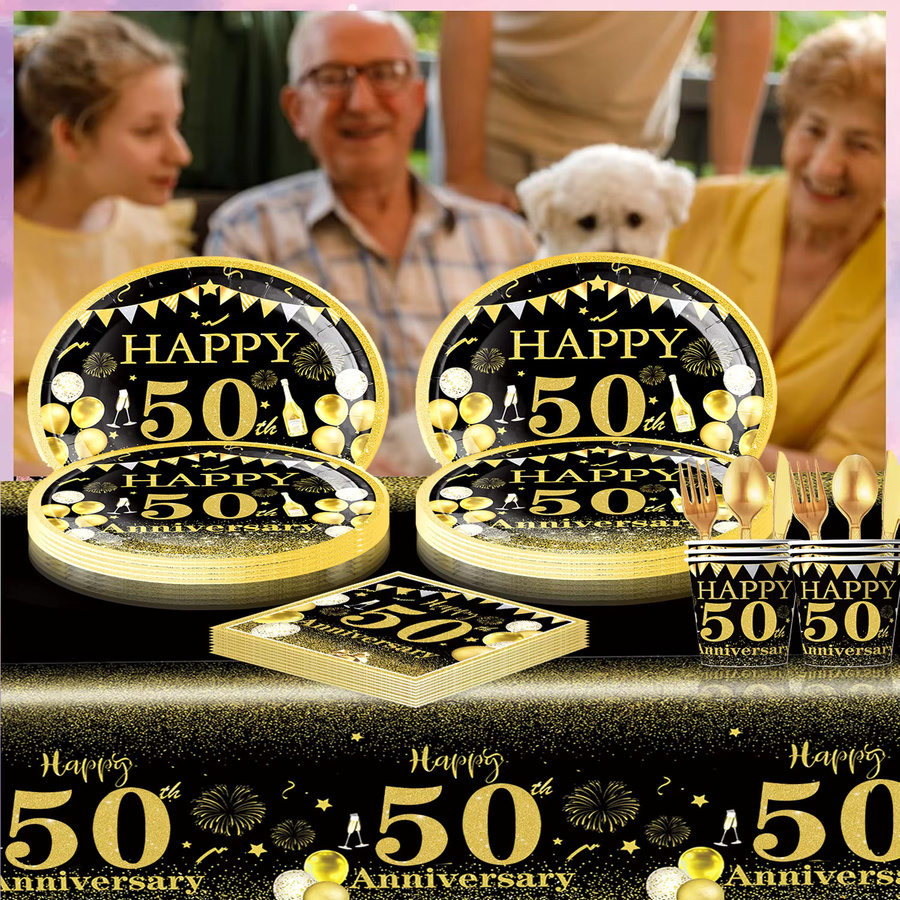 Party-Dekorationsset zum 50. Geburtstag in Schwarz-Gold mit Servietten, Pappbechern, Tischdecke und Tellern - Bild 3