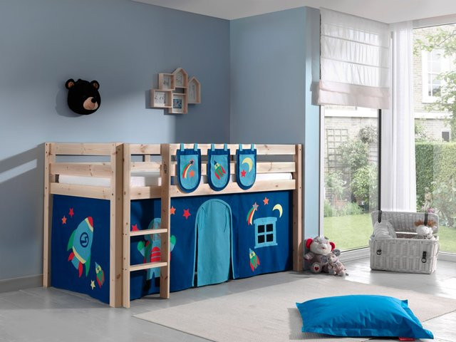 Vipack Spielbett Pino aus massiver Kiefer in Natur mit Vorhang und 3 Taschen, Dessin Astro - Bild 1