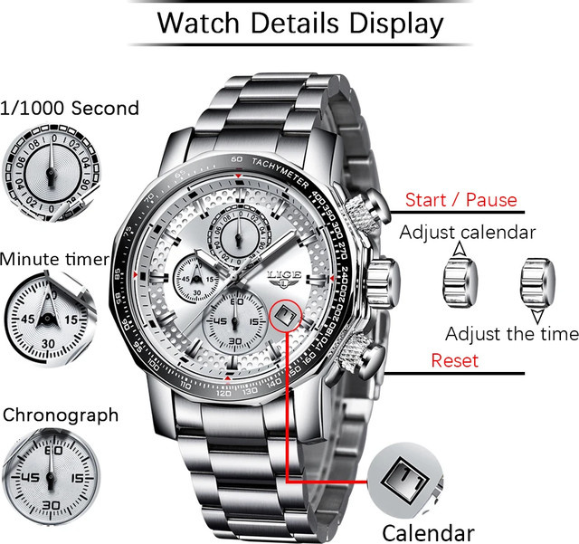 LIGE Chronograph Herrenuhr, Quarz, Edelstahl, Schwarz - Bild 1