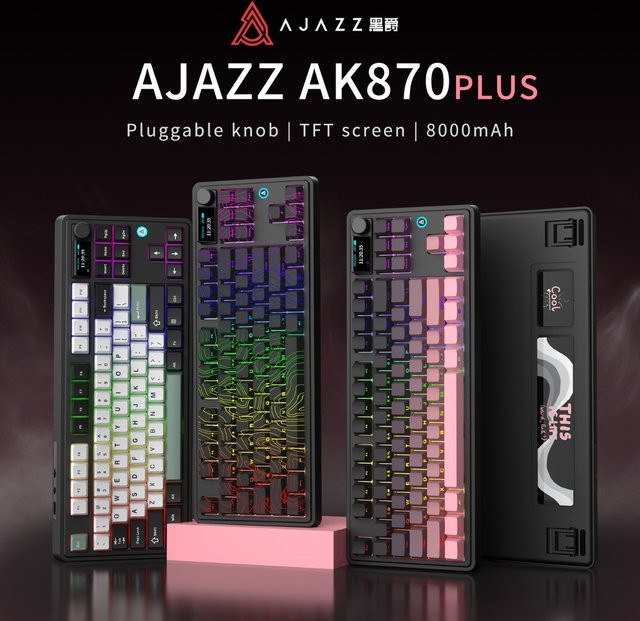 Ajazz AK870 Kabellose mechanische Tastatur mit Farbverlauf-RGB-Beleuchtung, Musik-Rhythmus-Modus, Hot-Swap-Funktion und Farbdisplay in Multicolour - Bild 1
