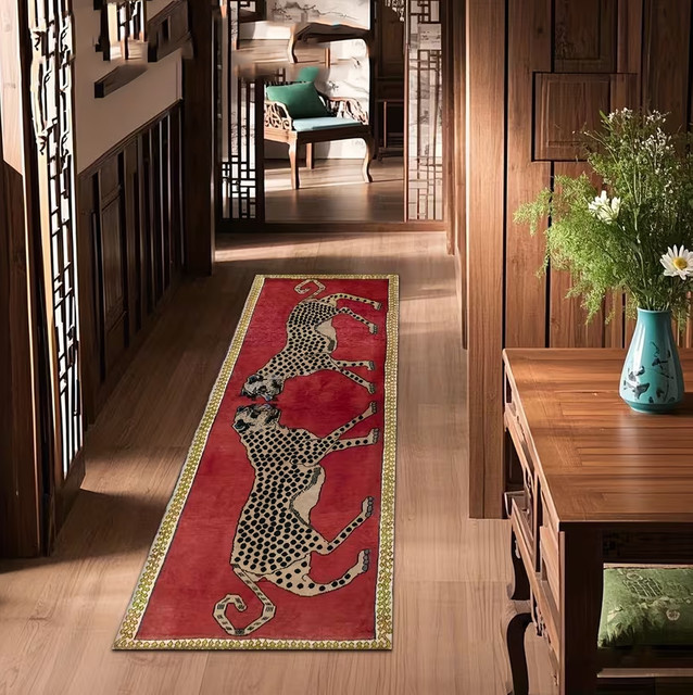 Leopardenmuster-Läufer in Rot mit Goldrand für Wohnzimmer, Flur, Schlafzimmer und Außenbereich - Bild 1