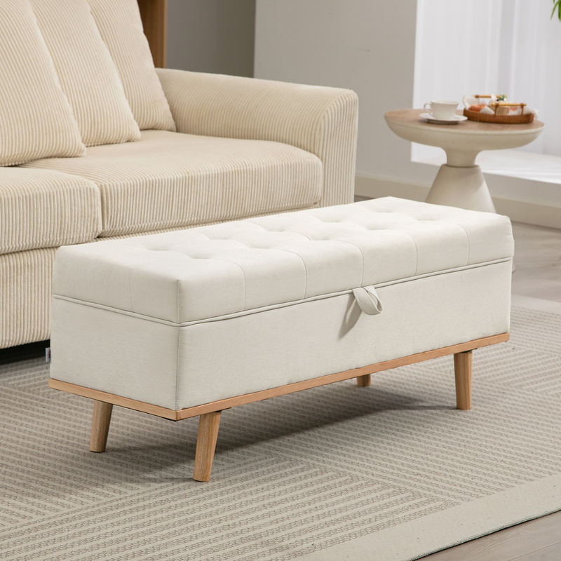 HOMCOM Aufbewahrungshocker mit 80L Fassungsvermögen aus Stoff in Creme mit Holzbeinen, B/T/H: 118 x 42 x 45 cm - Bild 2