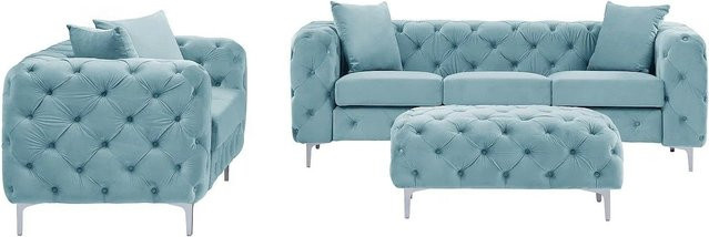 Vente-unique Couchgarnitur Edwina in Hellblau mit 3-Sitzer-Sofa, 2-Sitzer-Sofa und Ottoman aus Samt im Chesterfield-Stil, B/T/H: 220 x 162 x 103 cm - Bild 1