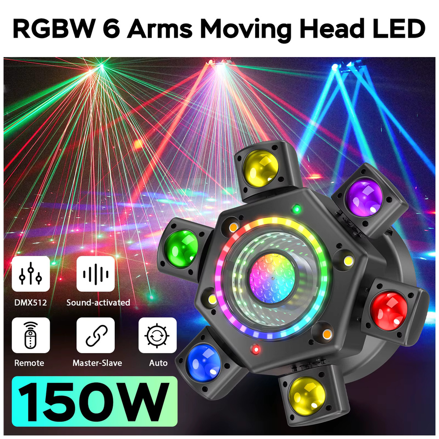Yiflamefly 150W 6-Arm Beam Moving Head Lights RGBW LED DMX512 Partybeleuchtung, Schwarz - Bild 2