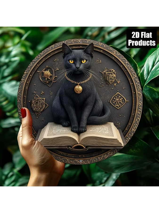 Potdemiel Vintage Black Cat Metallschild rund, Durchmesser: 20,3 cm, Wandkunst mit mystischen Symbolen in Schwarz - Bild 5