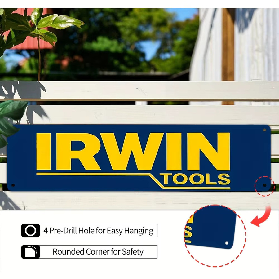 Vintage IRWIN Tools Aluminiumschild als rustikale Wanddekoration in Gelb und Blau - Bild 5