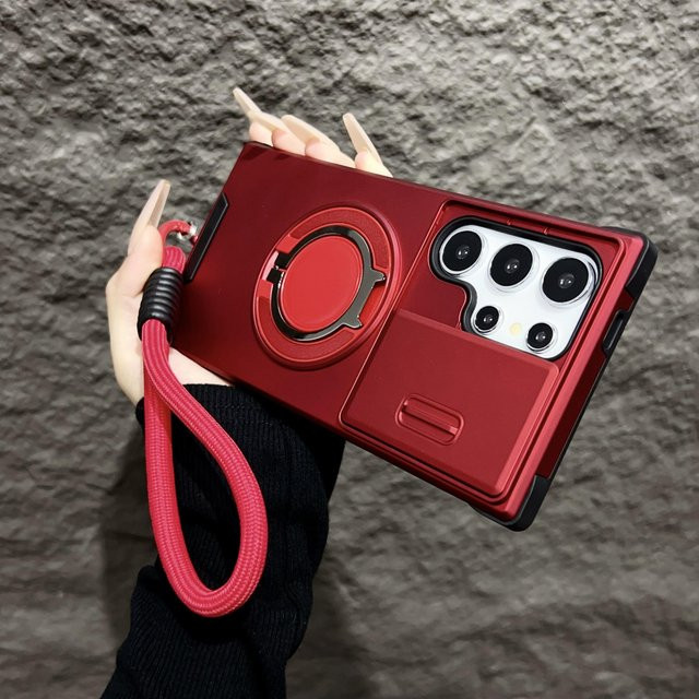 Armor Magnetic Bracket Case für Samsung Galaxy S25 S24 S23 S22 S21 Ultra Plus mit Lanyard und Slide Camera Protect Shockproof Cover in Rot - Bild 1