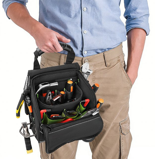JAKAH Professionelle Elektriker-Werkzeugtasche JK-208 mit Mehrfach-Taschen, ergonomischem Gummigriff und gepolstertem Schultergurt, Schwarz Grün - Bild 1
