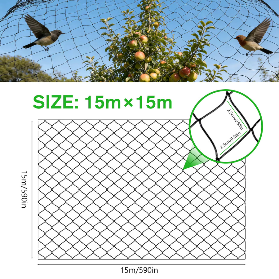 Rbefeuly Vogelnetz aus schwarzem Nylon für Garten, Obstbäume und Gemüse, B x H: 15 x 15 m, Maschenweite: 2,5 x 2,5 cm - Bild 2