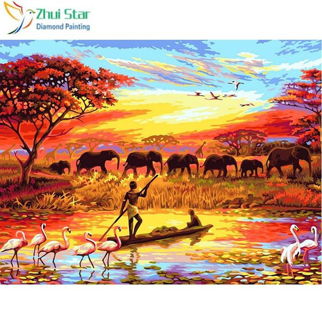 FIYO Diamantmalerei Afrika Tier DIY Diamant Stickerei 5D Mosaik Vollbild mit Elefanten in Gelb und Multicolour, Breite: 30 cm, Höhe: 20 cm - Bild 1