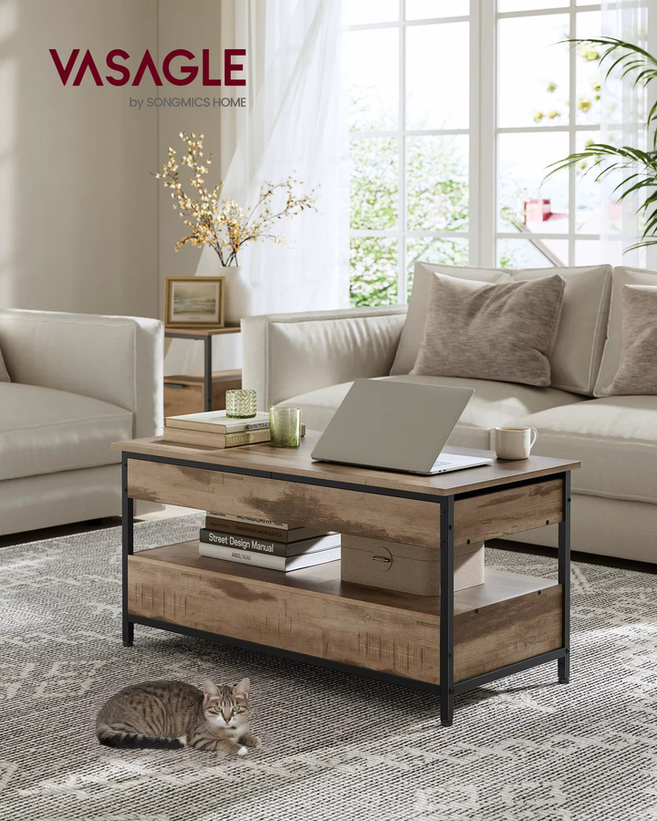 VASAGLE Couchtisch höhenverstellbar in Schwarz und Braun mit Schubladen und offenem Fach, B/T/H: 100 x 50 x 48-63 cm - Bild 1